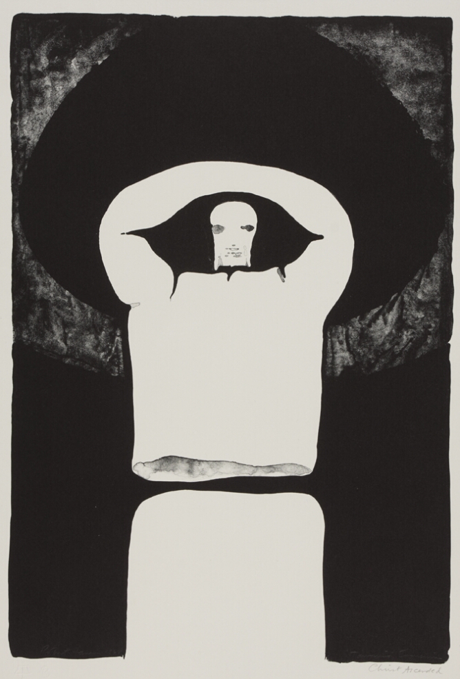 An abstract print of a white figure split between the upper and lower body with arms connected above the head, against a textured gray ring and black background