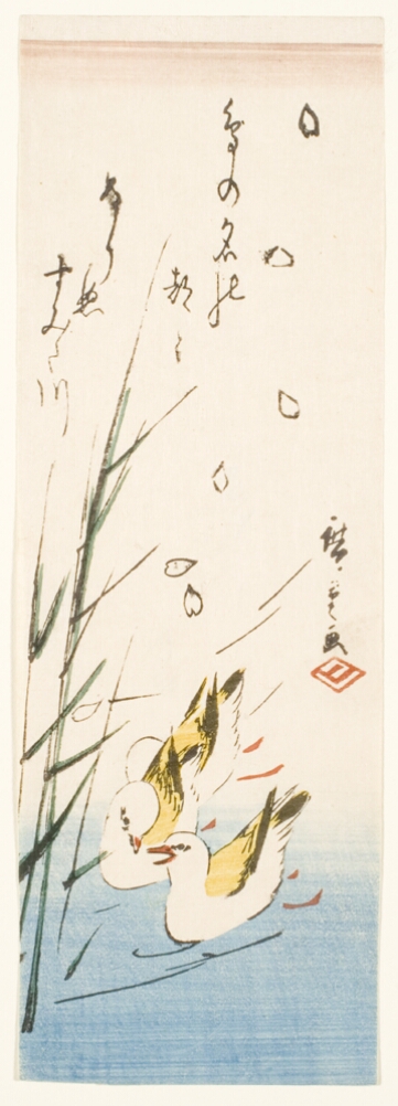 A color print of two birds wading in water towards reeds, as cherry blossom petals fall