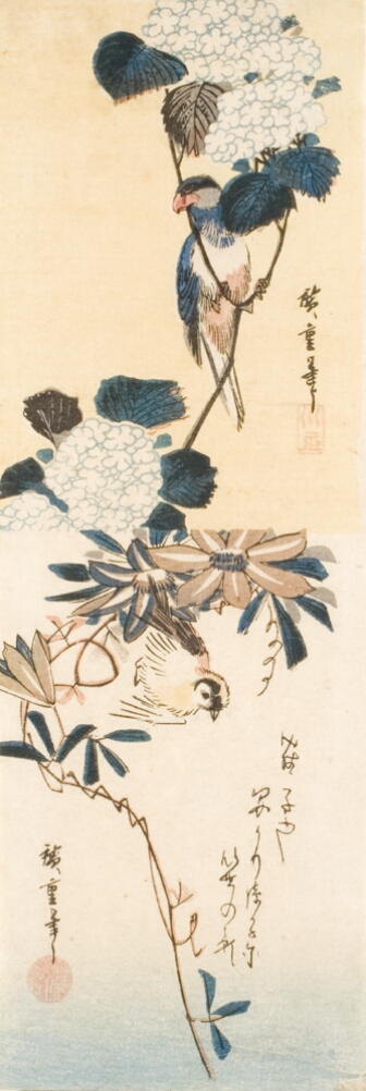 A color print of a bird perched on a stem with hydrangea blooms, while another bird below flies above a dangling vine