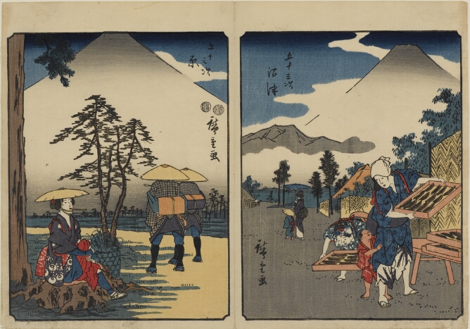 (Color print on the left) A woman sits on a tree stump as two figures walk by. In the background, a large white and gray mountain (Color print on the right) A standing woman holds a tray of dried fish, while a child holds her leg. A woman behind her bends down with a tray of dried fish. In the background, a large mountain white and gray mountain