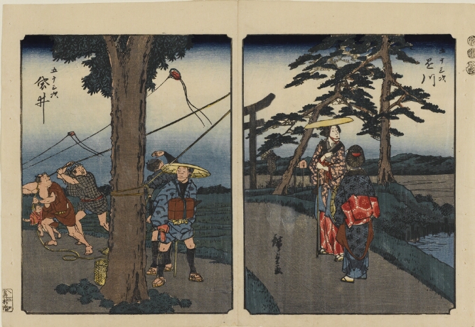 (Color print on the left) A central tree trunk on a road with men flying kites behind it, and a passerby in the foreground (Color print on the right) Two women in kimonos stand on a road by trees between a shrine gateway and river