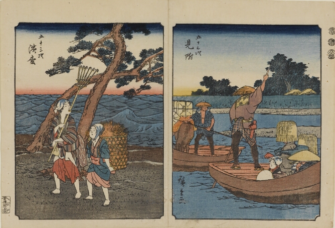 (Color print on the left) A woman holding an upside-down rake walking alongside leaning trees and the sea, accompanied by a younger woman carrying a bundle on her back (Color print on the right) A figure poling a boat with figures in straw mushroom hats, facing another figure poling a boat with a horse