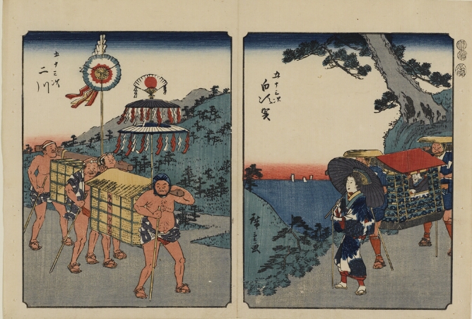 (Color print on the left) Two men transporting a straw covered structure with a decorative double parasol and a fan on top, followed by two other men transporting cargo with a decorative stick (Color print on the right) A woman with a parasol walking along a road with the sea beyond, followed by two men transporting another woman in a covered seat