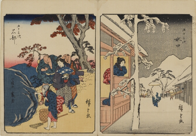 (Color print on the left) A standing woman points to a large rock, while three standing men look attentively, one holding a fan (Color print on the right) A standing woman looking out an open window at a snow-covered street, with a snow-covered tree in the foreground