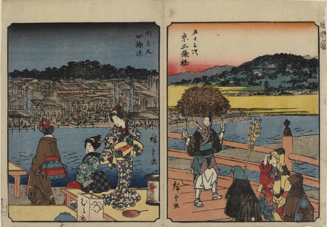 (Color print on the left) Three women in kimonos standing and sitting by a riverbank in the evening. On the opposite bank, a festive crowd (Color print on the right) A woman in a rolled up kimono stands on a bridge carrying a bundle of sticks on her head, while a figure holding a decorative stick walks by with two other women