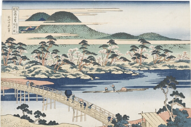A color print showing a bird's eye view of figures crossing a bridge that spans a river, with a hilly shoreline lined with trees and mountains in the background