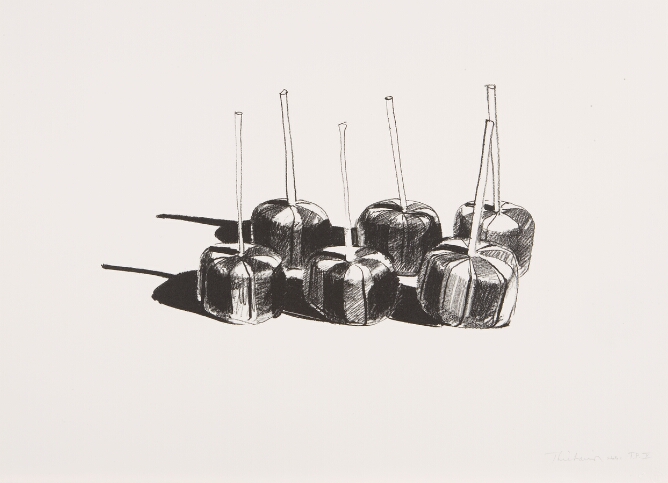 A black and white print of six upside-down striped lollipops in two rows of three