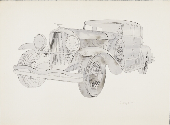 A black and white drawing of a fancy, old-fashioned car
