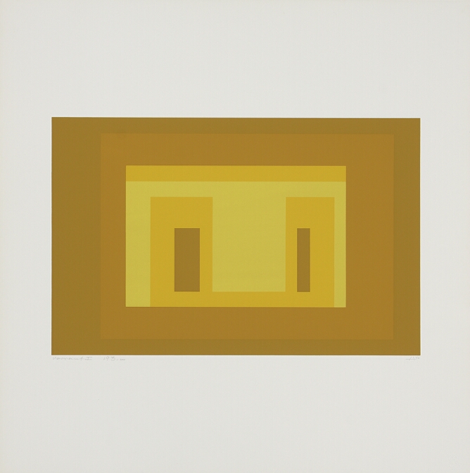 An abstract print of flat, nesting horizontal yellow rectangles ranging from ochre (yellowish-brown) to light yellow, with smaller vertical ochre rectangles in the center, creating an illusion of overlapping