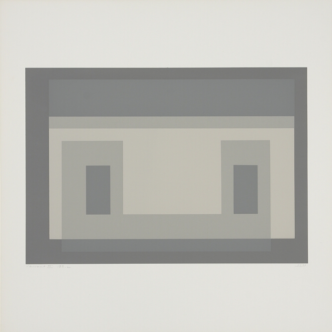 An abstract print of flat, nesting horizontal gray rectangles ranging from dark to light gray with two smaller vertical gray rectangles in the center, creating an illusion of overlapping