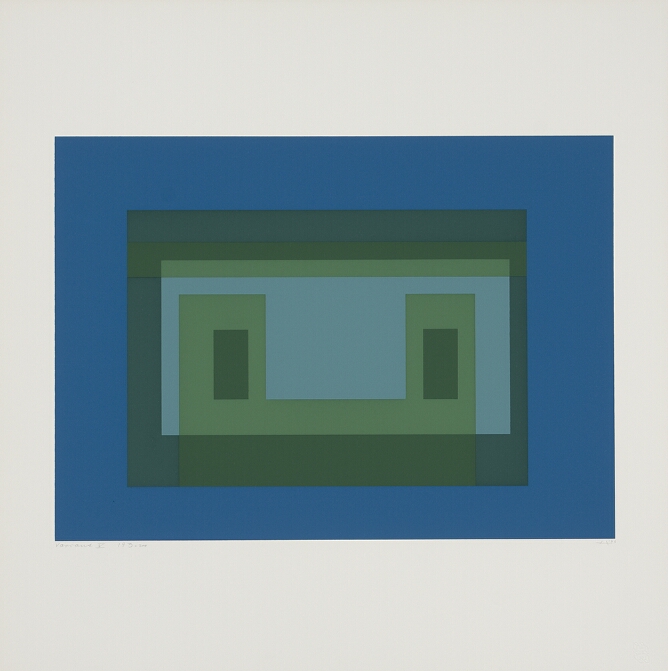 An abstract print of flat, nesting horizontal rectangles in blue, dark green and light blue with bands of light green, and two smaller vertical dark green rectangles in the center, creating an illusion of overlapping