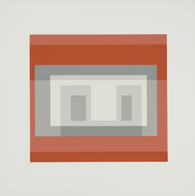 An abstract print of flat, nesting horizontal rectangles in light red, gray and white, with bands of red at the top and bottom, and two smaller vertical gray rectangles in the center, creating an illusion of overlapping