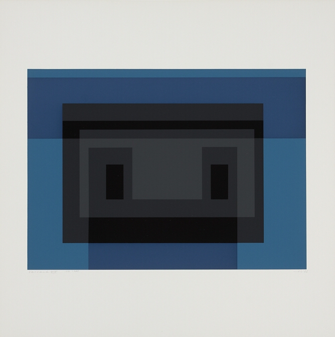An abstract print of flat, nesting horizontal rectangles in lighter blue, dark gray and gray with bands of blue at the top and bottom, and two smaller vertical black rectangles in the center, creating an illusion of overlapping