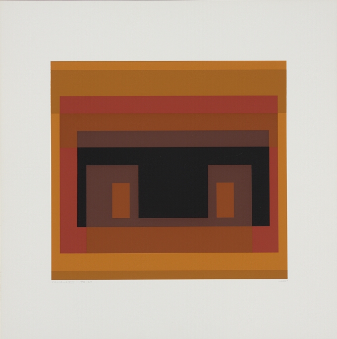An abstract print of flat, nesting horizontal rectangles in yellowish-orange, reddish-brown and black with bands of dark tan and two light brown smaller vertical rectangles in the center, creating an illusion of overlapping