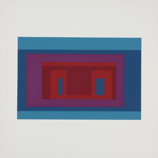 An abstract print of flat, nesting horizontal rectangles in light blue, blue, magenta (dark pink) and dark red, with two smaller vertical blue rectangles in the center, containing highlighted areas of red, creating an illusion of overlapping