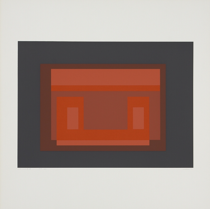 An abstract print of flat, nesting horizontal rectangles in dark gray, brown and light red, containing highlighted areas of red with two smaller vertical light red rectangles in the center, creating an illusion of overlapping