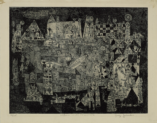 A black and white abstract print of an intricate composition with architectural and figural elements
