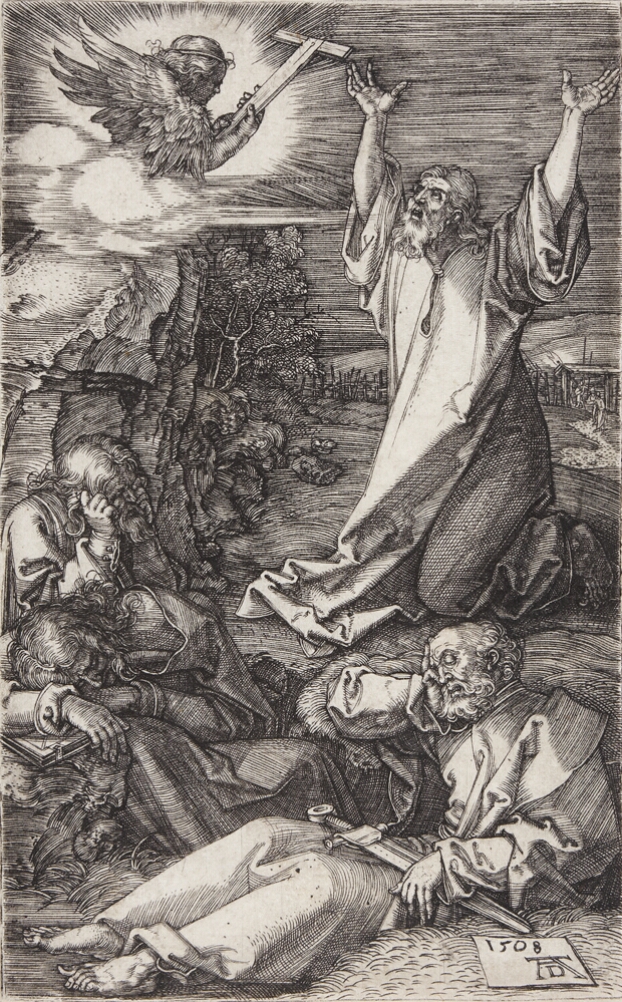 A black and white print of a kneeling man with arms raised facing an angel above, while three men sleep by him