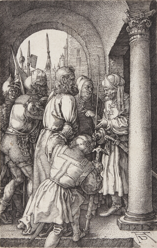 A black and white print of a man with a noose around his neck guarded on each side, standing before another man in a turban in an architectural setting. A standing figure between them points to the standing man
