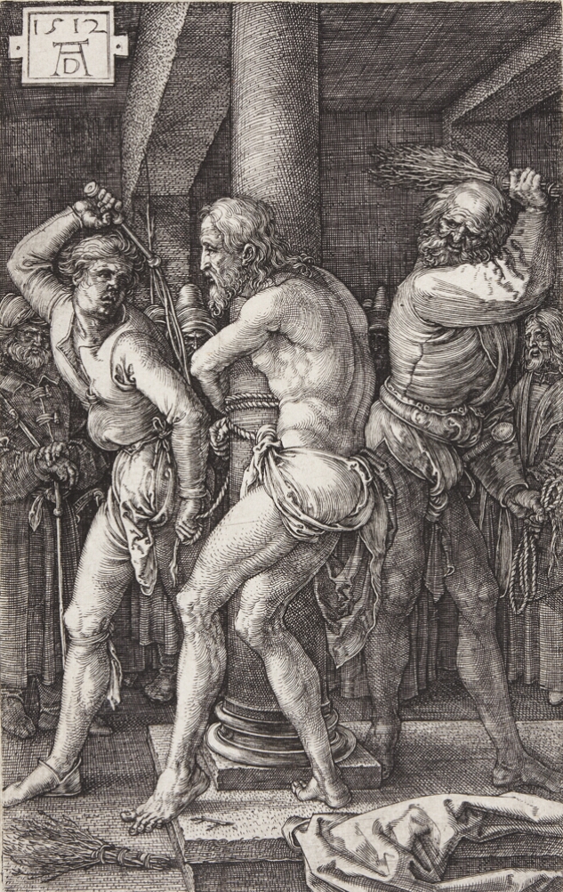 A black and white print of a mostly nude standing man tied to a column and getting flogged by two other men