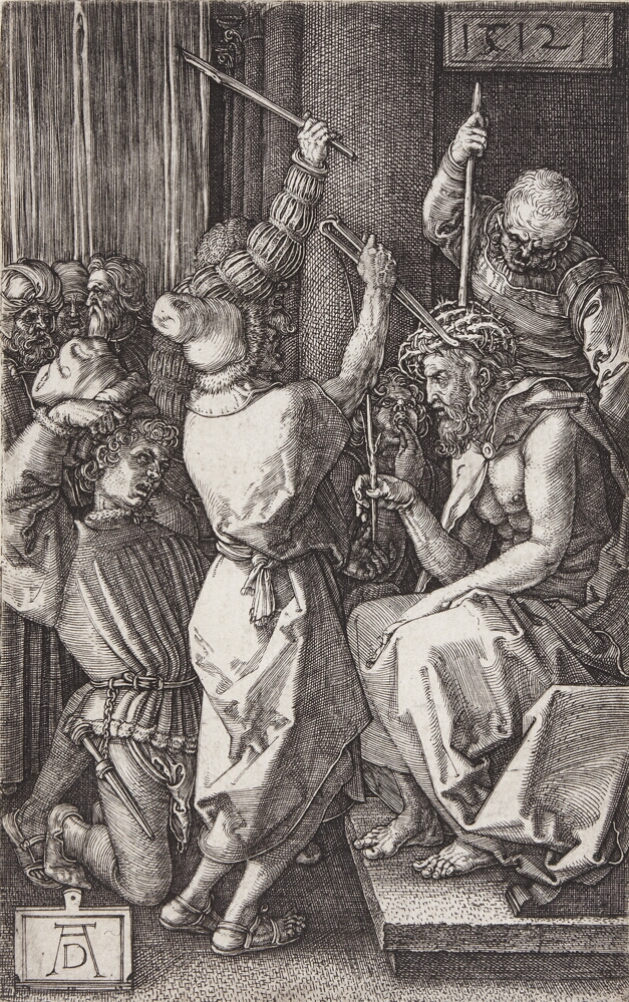 A black and white print of a man sitting to the viewer's right wearing a crown of thorns being mocked and beaten by a group of men