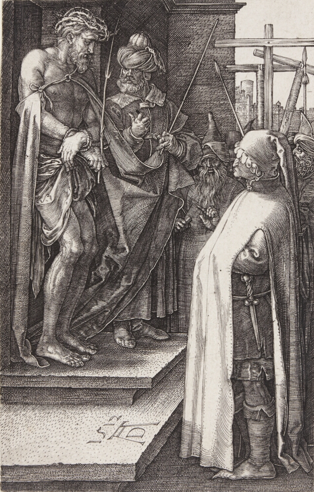 A black and white print of a man with a crown of thorns and hands bound standing on steps with another man in a turban, while a third man stands calmly before them. In the background, onlookers and three crosses