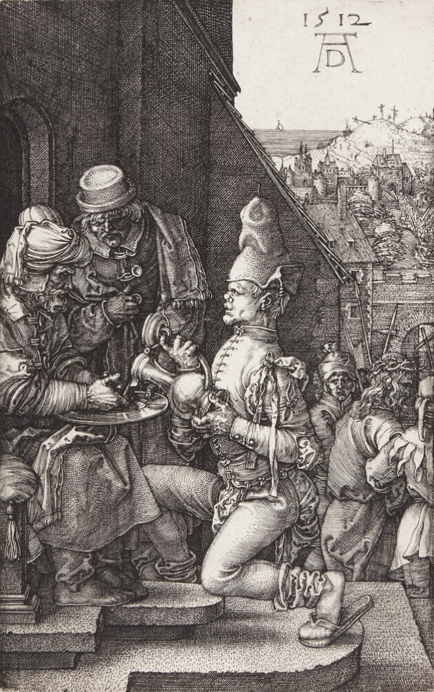 A black and white print of a seated man washing his hands over a basin, while a kneeling figure pours water from a jug for him. A man with a crown of thorns is being led away to the viewer's right