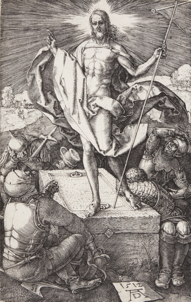 A black and white print of a man standing on a tomb with a raised hand and rays of light emanating from his head, while guards below him watch in awe