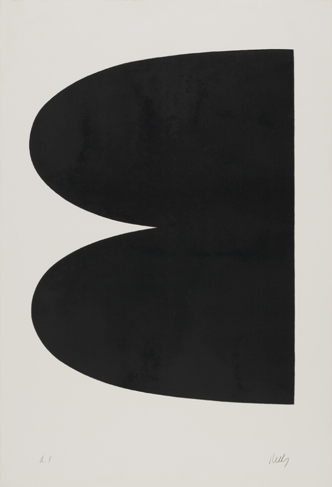 An abstract print of two connected egg-shaped black forms with a flat base pointing to the viewer's left