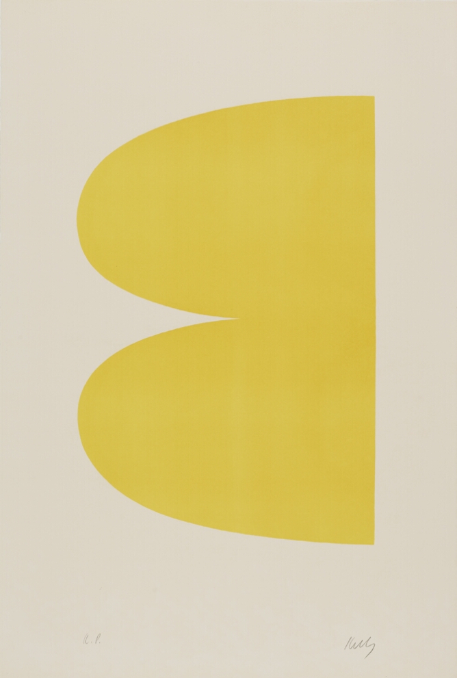 An abstract print of two connected egg-shaped yellow forms with a flat base pointing to the viewer's left