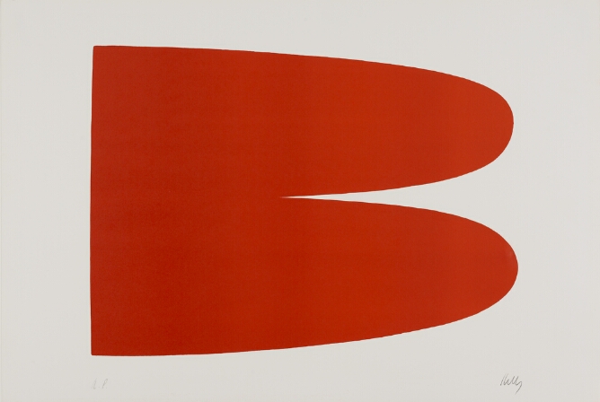 An abstract print of two connected egg-shaped reddish-orange forms with a flat base pointing to the viewer's right