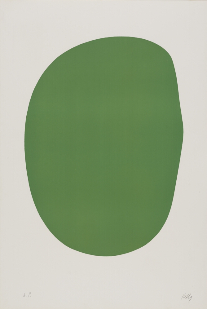 An abstract print of a green oval-like shape