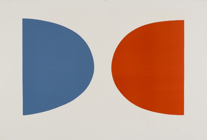 An abstract print of two egg-shaped forms with a flat base, one in blue to the viewer's left and the other in orange to the right, pointing towards each other