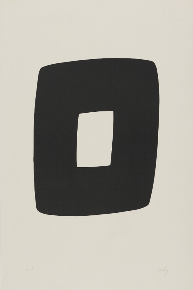 An abstract print of a small white rectangle in the middle of a larger black rectangular shape, both oriented vertically