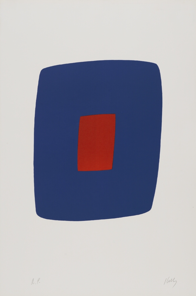 An abstract print of a small red rectangle in the middle of a larger dark blue rectangular shape, both oriented vertically