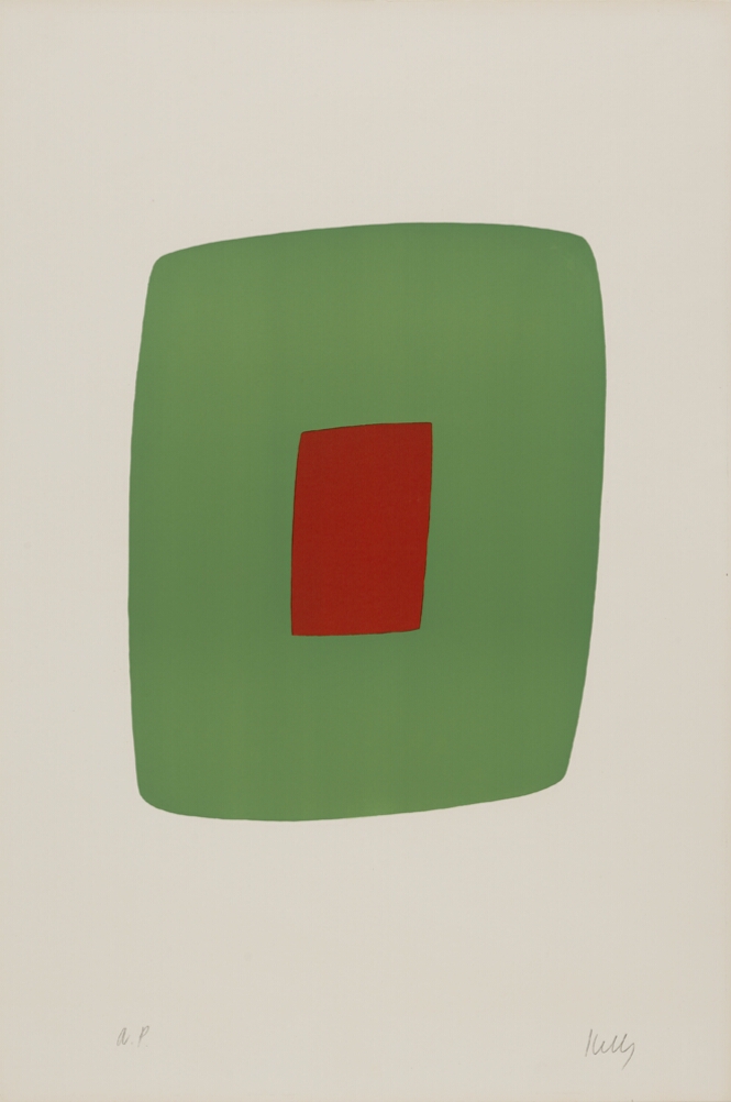 An abstract print of a small red rectangle in the middle of a larger light green rectangular shape, both oriented vertically