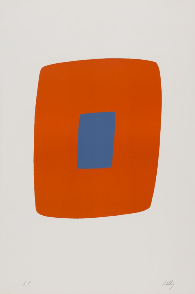 An abstract print of a small blue rectangle in the middle of a larger orange rectangular shape, both oriented vertically