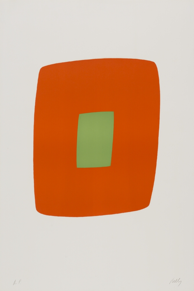 An abstract print of a small light green rectangle in the middle of a larger orange rectangular shape, both oriented vertically