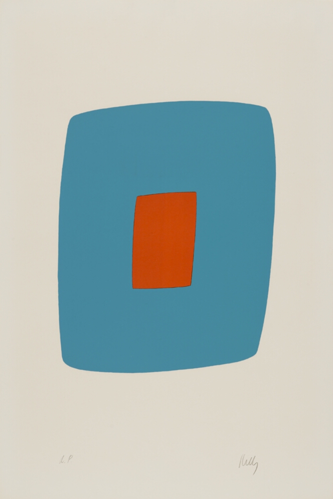 An abstract print of a small orange rectangle in the middle of a larger light blue rectangular shape, both oriented vertically