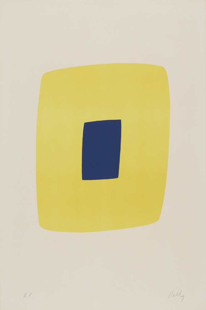 An abstract print of a small dark blue rectangle in the middle of a larger yellow rectangular shape, both oriented vertically