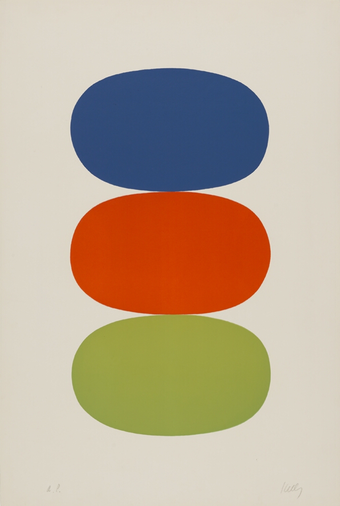 An abstract print of horizontally stacked blue, orange and light green ovals