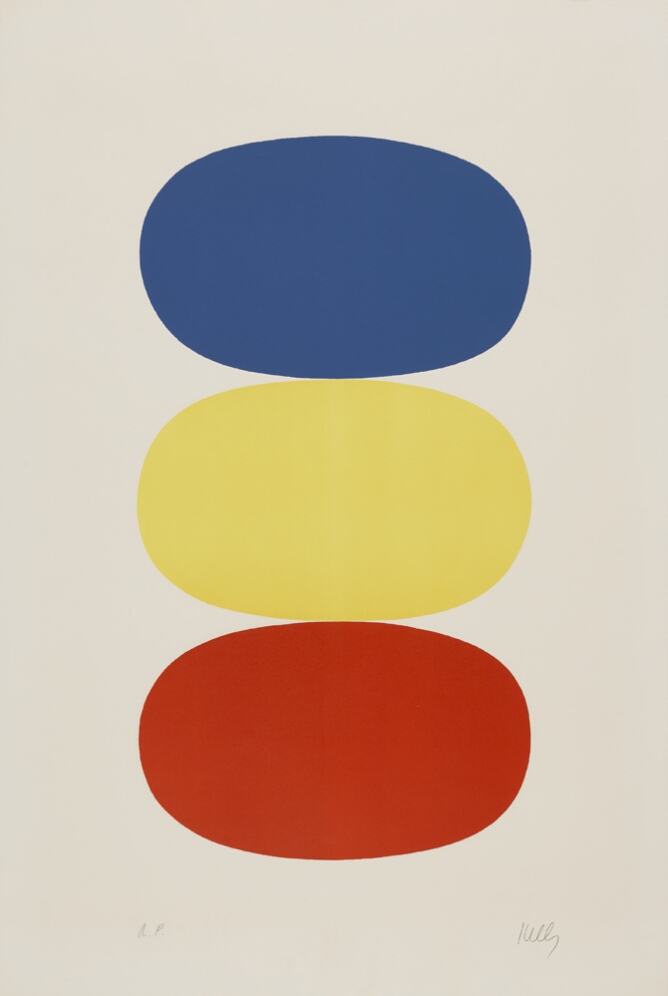 An abstract print of horizontally stacked blue, yellow and red-orange ovals