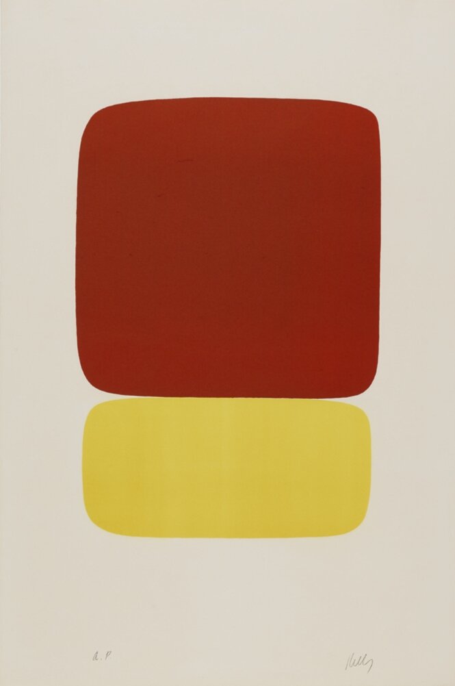 An abstract print of a large red square on top of a yellow rectangle, both with rounded edges