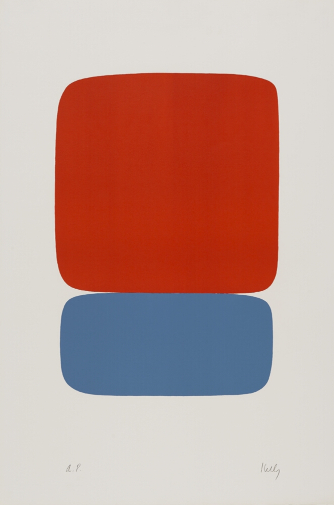 An abstract print of a large red-orange square on top of a light blue rectangle, both with rounded edges