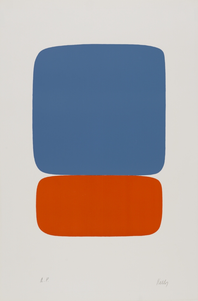 An abstract print of a large light blue square on top of an orange rectangle, both with rounded edges