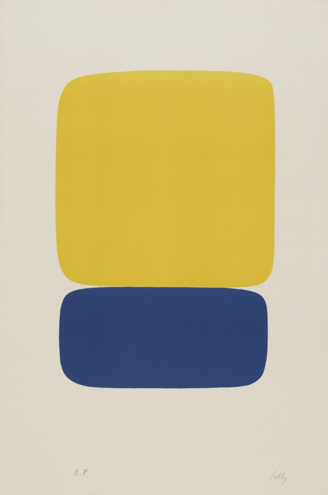 An abstract print of a large yellow square on top of a dark blue rectangle, both with rounded edges