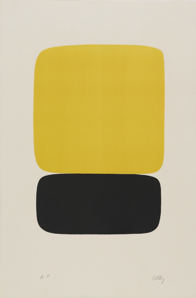 An abstract print of a large yellow square on top of a black rectangle, both with rounded edges