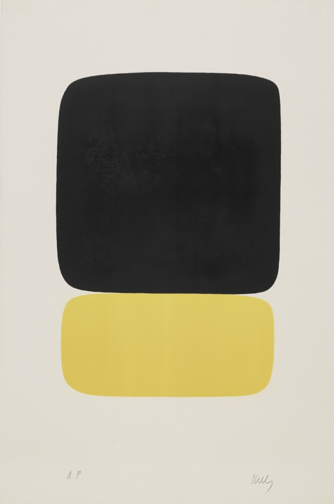 An abstract print of a large black square on top of a yellow rectangle, both with rounded edges