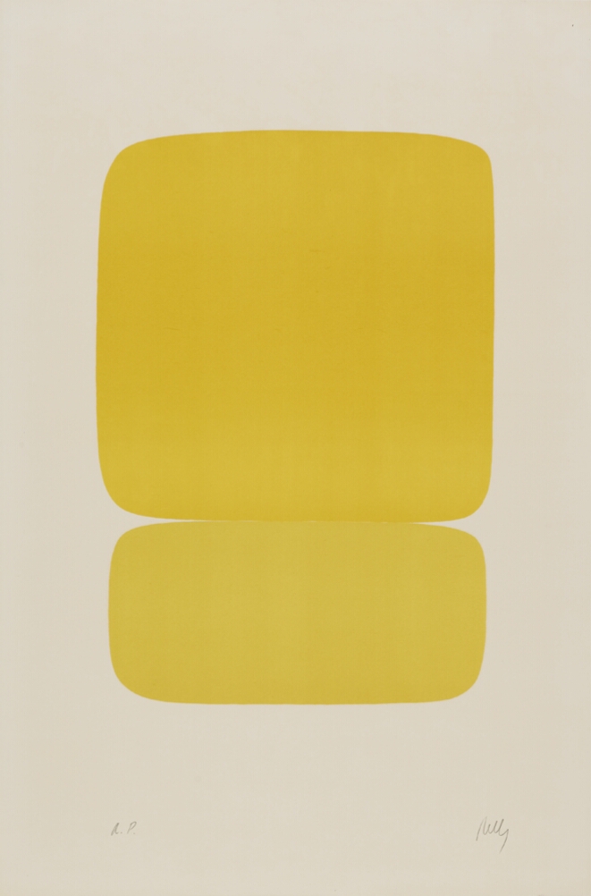 An abstract print of a large yellow square on top of a yellow rectangle, both with rounded edges