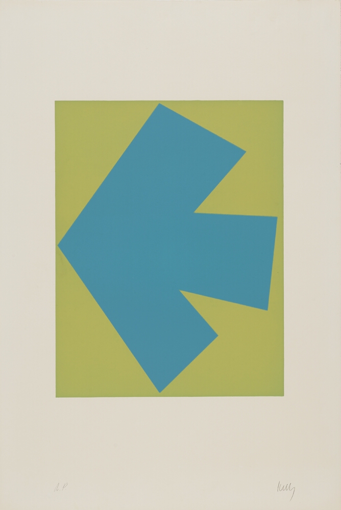 An abstract print of a large light blue arrow within a light green vertical rectangle, pointing to the viewer's left
